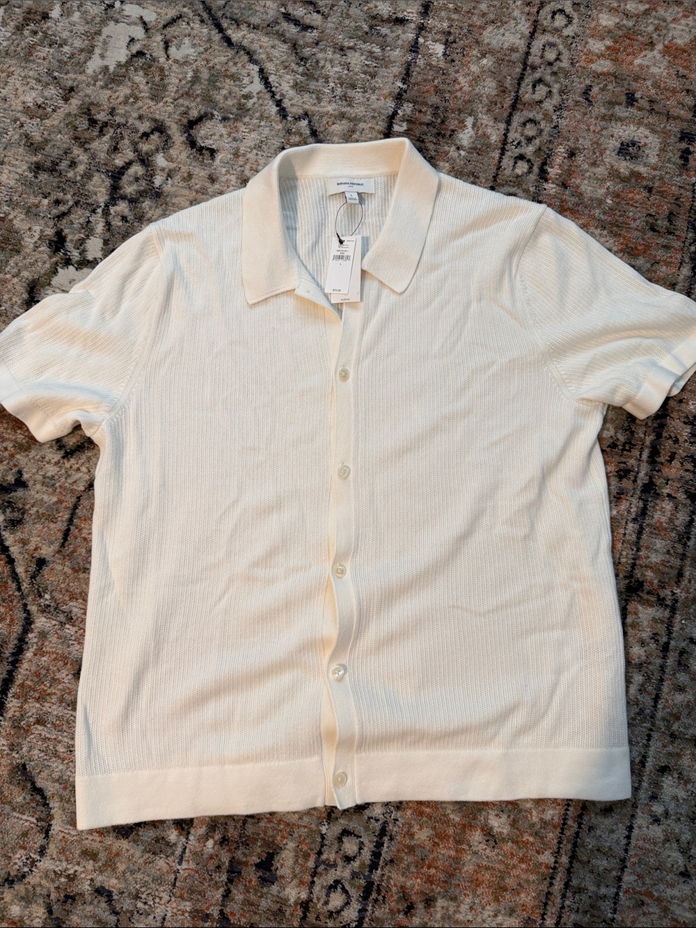Banana Republic Cream Short-Sleeve Button-Down 100% Cotton Knit Shirt
